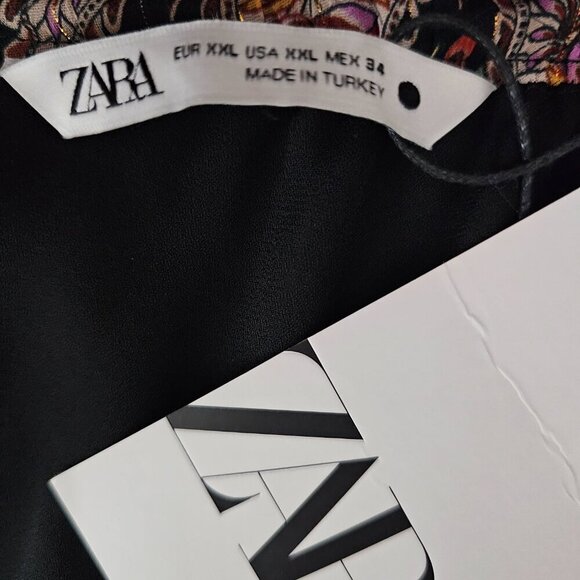 ZARA New Paisley Floral Print Metallic Boho Tiered Full Black Midi Skirt - Picture 3 of 13